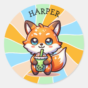 Cute Kawaii Fox with Bubble Tea Personalised Classic Round Sticker