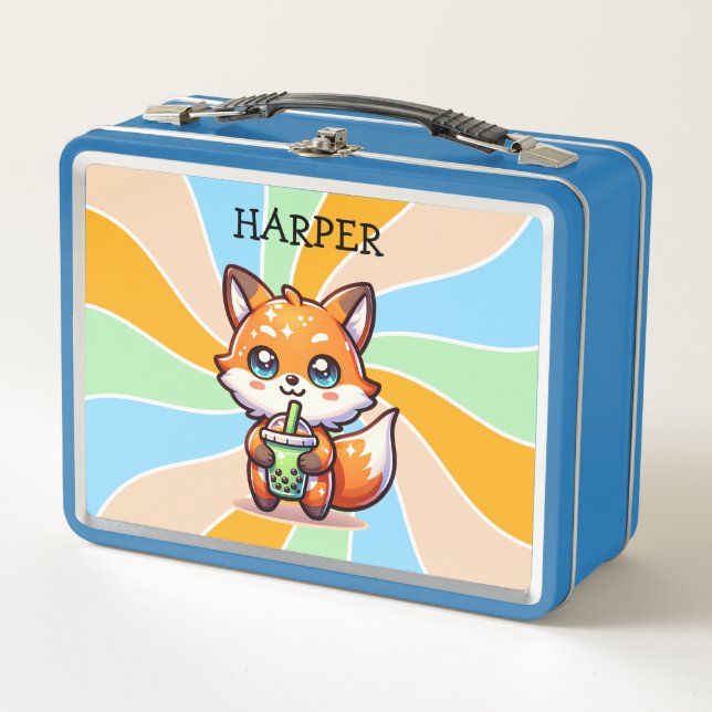Cute Kawaii Fox with Bubble Tea Personalised Metal Lunch Box (Front)