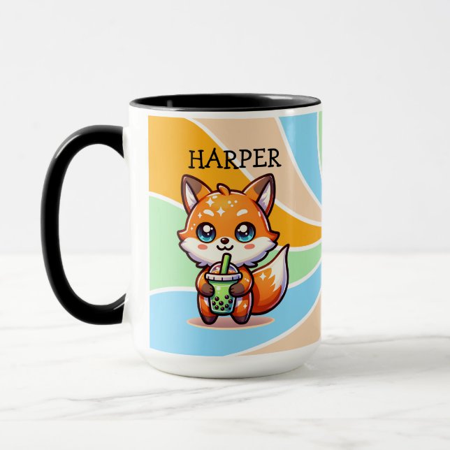Cute Kawaii Fox with Bubble Tea Personalised Mug (Left)