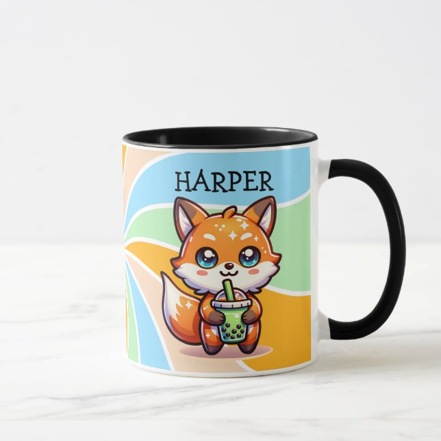 Cute Kawaii Fox with Bubble Tea Personalised Mug (Right)