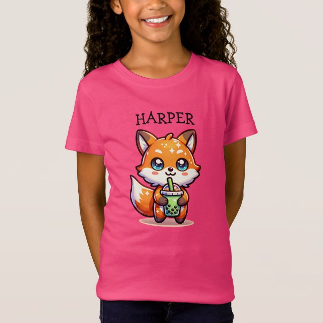 Cute Kawaii Fox with Bubble Tea Personalised T-Shirt (Front)