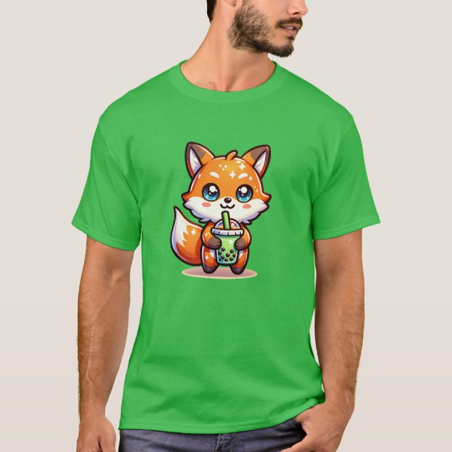 Cute Kawaii Fox with Bubble Tea Personalised T-Shirt (Front)
