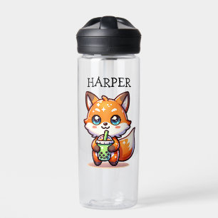 Cute Kawaii Fox with Bubble Tea Personalised Water Bottle