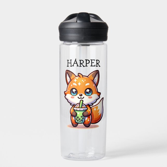 Cute Kawaii Fox with Bubble Tea Personalised Water Bottle (Front)
