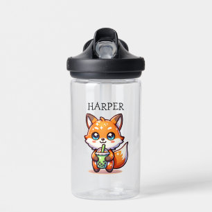 Cute Kawaii Fox with Bubble Tea Personalised Water Bottle