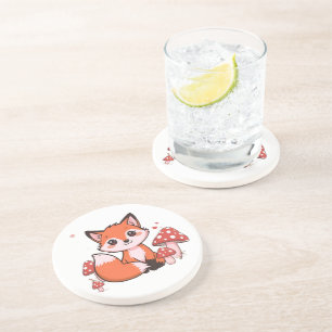Cute Kawaii Fox with Mushrooms Cartoon Art Coaster