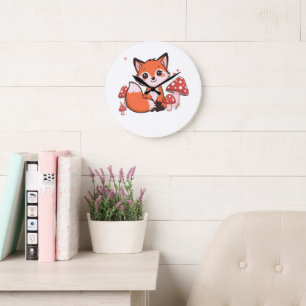 Cute Kawaii Fox with Mushrooms Cartoon Art Large Clock
