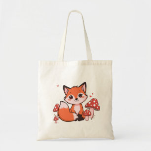 Cute Kawaii Fox with Mushrooms Cartoon Art Tote Bag