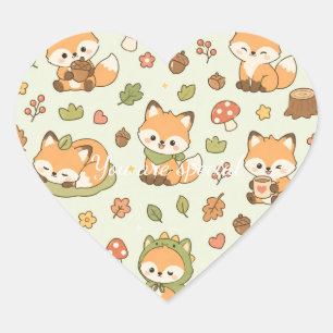 Cute Kawaii Fox Woodland Pattern Autumn Forest Heart Sticker