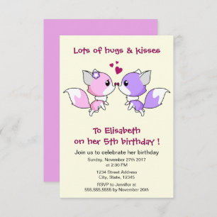 Cute kawaii foxes cartoon girl birthday party invitation