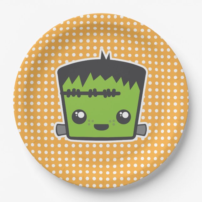Cute Kawaii Frankenstein Monster Halloween Party Paper Plate (Front)