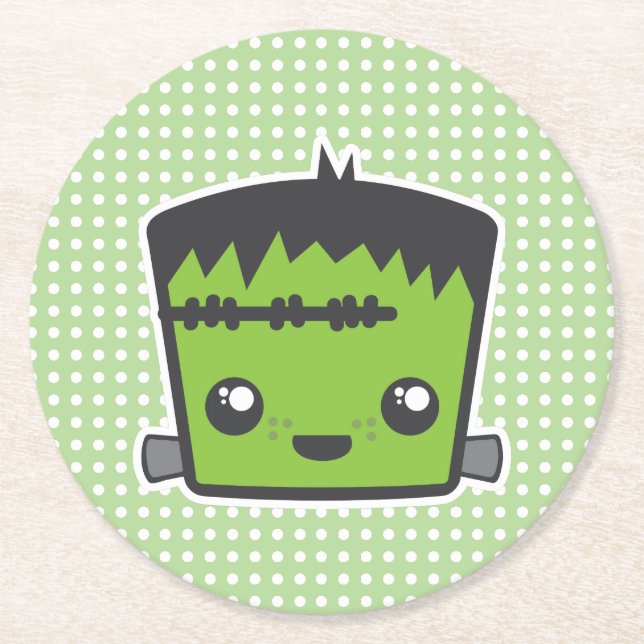Cute Kawaii Frankenstein Monster Halloween Party Round Paper Coaster (Front)