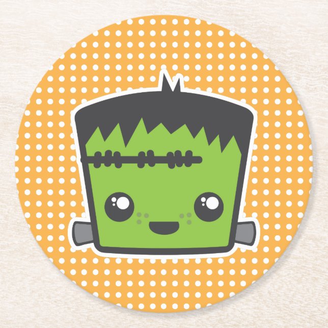 Cute Kawaii Frankenstein Monster Halloween Party Round Paper Coaster (Front)