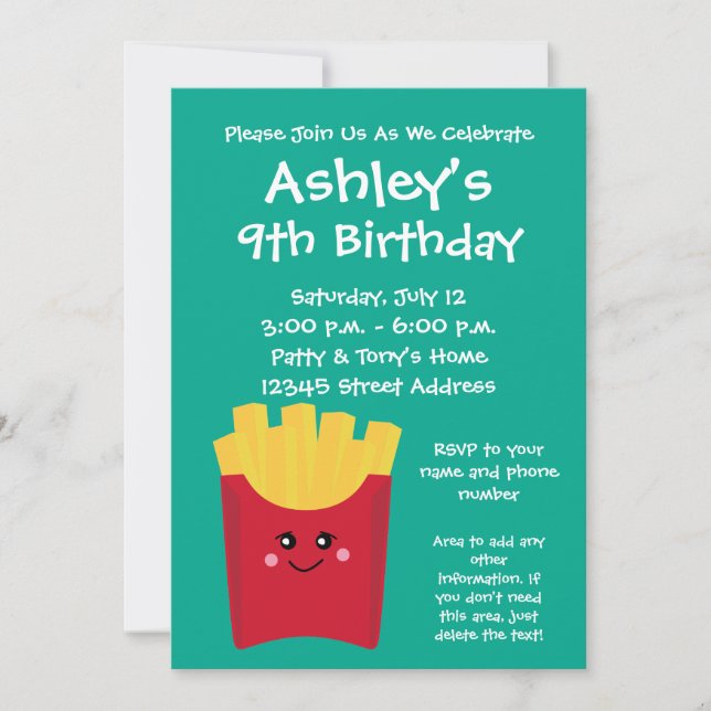 Cute Kawaii French Fries with Custom Name Invitation (Front)