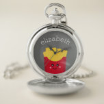 Cute Kawaii French Fries with Custom Name Pocket Watch<br><div class="desc">A modern drawing of a french fry box with bright colours.</div>