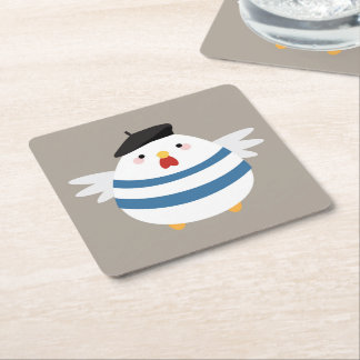 Cute Kawaii French Hen Illustration Square Paper Coaster