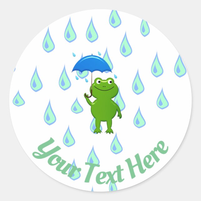 Cute Kawaii Frog and Rain Classic Round Sticker (Front)