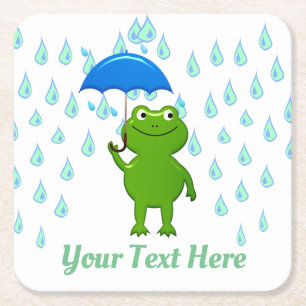 Cute Kawaii Frog and Rain Square Paper Coaster