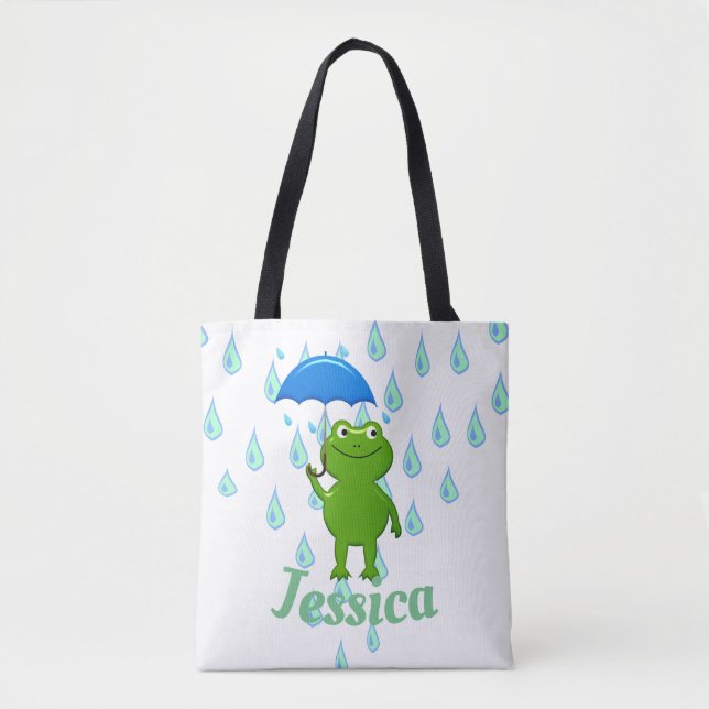 Cute Kawaii Frog and Rain Tote Bag (Front)