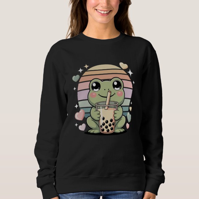 Cute Kawaii Frog Bubble Tea Lover Pastel Hearts Sweatshirt (Front)