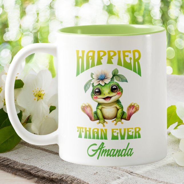 Cute Kawaii Frog Happier Than Ever Funny  Two-Tone Coffee Mug (Creator Uploaded)