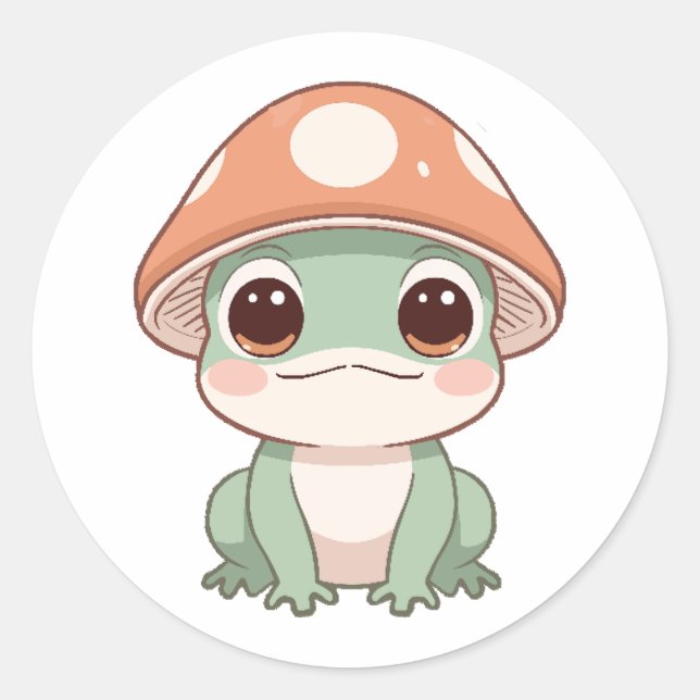 Cute Kawaii Frog in Mushroom Hat Sticker (Front)