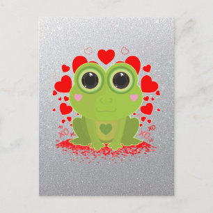 Cute Kawaii Frog With Hearts on Elegant Silver Postcard