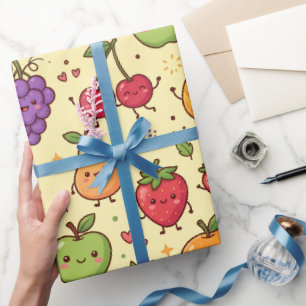 Cute Kawaii Fruit Friends Pattern Wrapping Paper