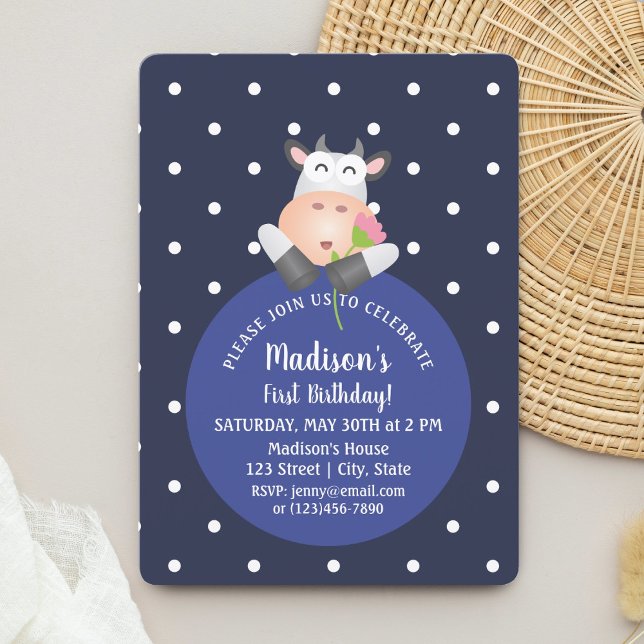 Cute Kawaii Funny Cartoon Cow Baby 1st Birthday Invitation (Creator Uploaded)