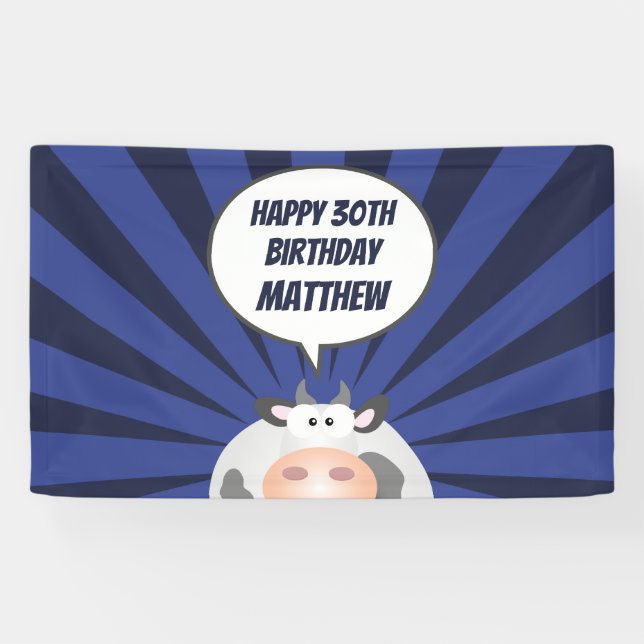 Cute Kawaii Funny Cartoon Cow Happy 30th Birthday Banner (Horizontal)