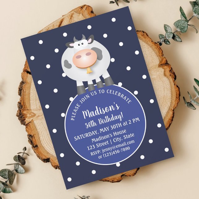 Cute Kawaii Funny Cartoon Cow Happy 50th Birthday Invitation (Creator Uploaded)