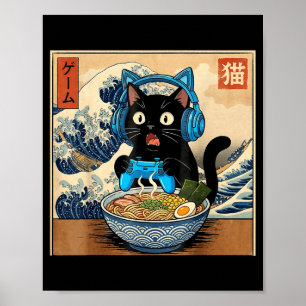 Cute Kawaii Gamer Cat Funny Ramen Japanese Cat Gam Poster