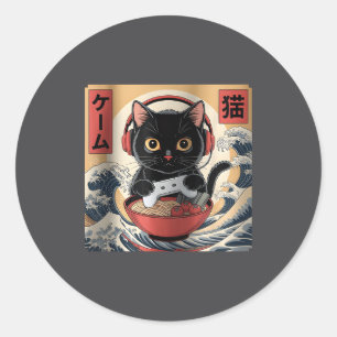 Cute Kawaii Gamer Cat Funny Ramen Retro Japanese C Classic Round Sticker