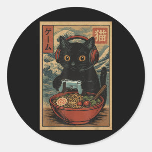 Cute Kawaii Gamer Cat Funny Ramen Retro Japanese C Classic Round Sticker