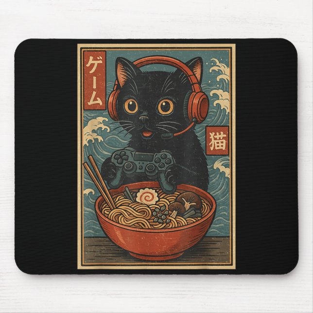 Cute Kawaii Gamer Cat Funny Ramen Retro Japanese C Mouse Pad (Front)