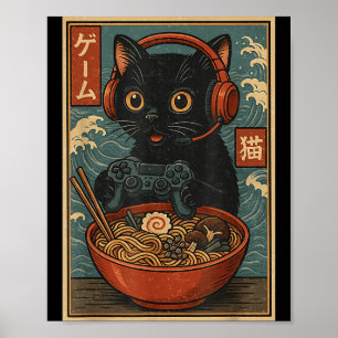 Cute Kawaii Gamer Cat Funny Ramen Retro Japanese C Poster