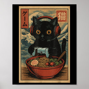 Cute Kawaii Gamer Cat Funny Ramen Retro Japanese C Poster