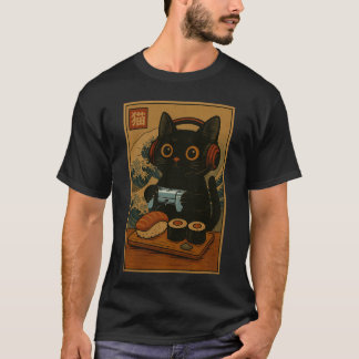 Cute Kawaii Gamer Cat Funny Sushi Retro Japanese C T-Shirt