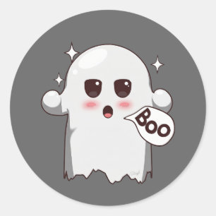 Cute Kawaii Ghost Saying Boo - Adorable Halloween Classic Round Sticker