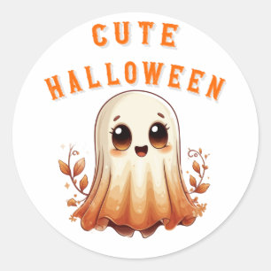 Cute Kawaii Ghost With Autumn Leaves Halloween 👻 Classic Round Sticker