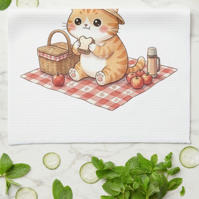Cute Kawaii Ginger Cat Picnic Retro Kitchen Towel (Folded)