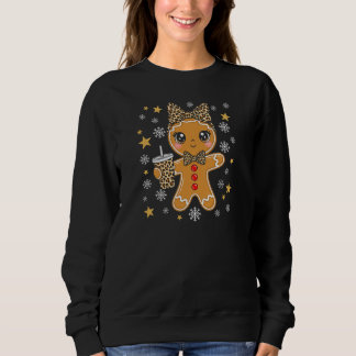 Cute Kawaii Gingerbread Girl Leopard Bow Christmas Sweatshirt