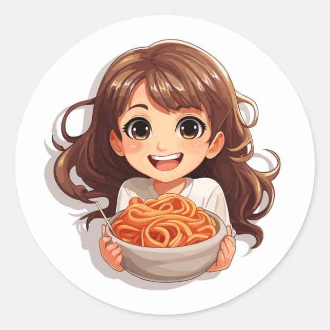 Cute Kawaii Girl Eating Spaghetti Classic Round Sticker (Front)