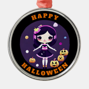Cute Kawaii Girl in Pumpkins Halloween Metal Tree Decoration