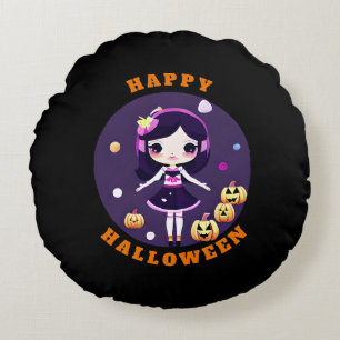 Cute Kawaii Girl in Pumpkins Halloween Round Cushion