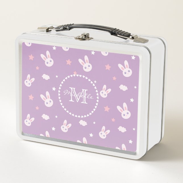 Cute Kawaii Girly Pink Bunny Rabbit Pastel Purple Metal Lunch Box (Front)