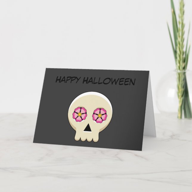 Cute Kawaii Goth Skull with Flowers | Add Text Card (Front)