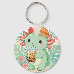 Cute Kawaii Green Axolotl Drinking Boba Tea Keycha Key Ring