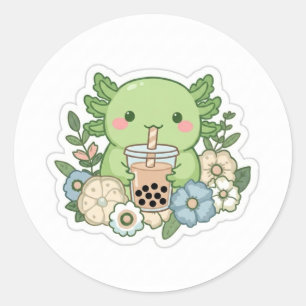 Cute Kawaii Green Axolotl Drinking Boba Tea Sticke Classic Round Sticker