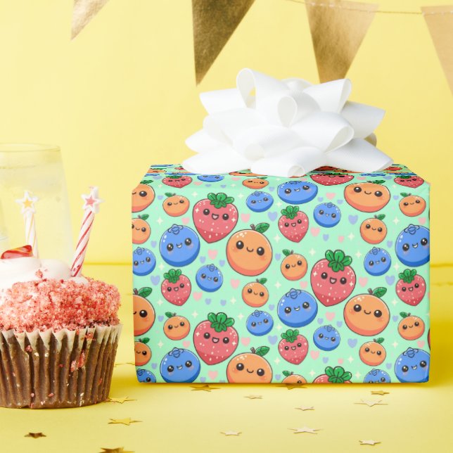 Cute Kawaii Green Orange Blue Fruit Gender Neutral Wrapping Paper (Birthday Party)